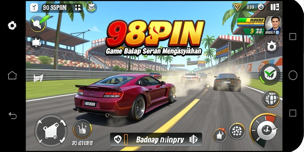 Tampilan gameplay 98SPIN yang penuh aksi dalam balapan seru.