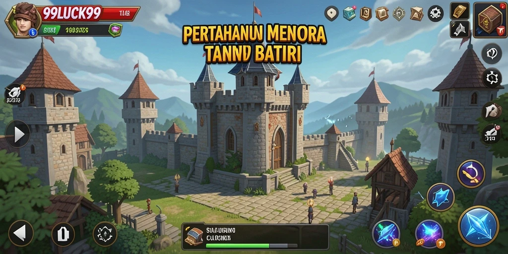 Screenshot gameplay 99LUCK99 menampilkan menara pertahanan yang strategis.