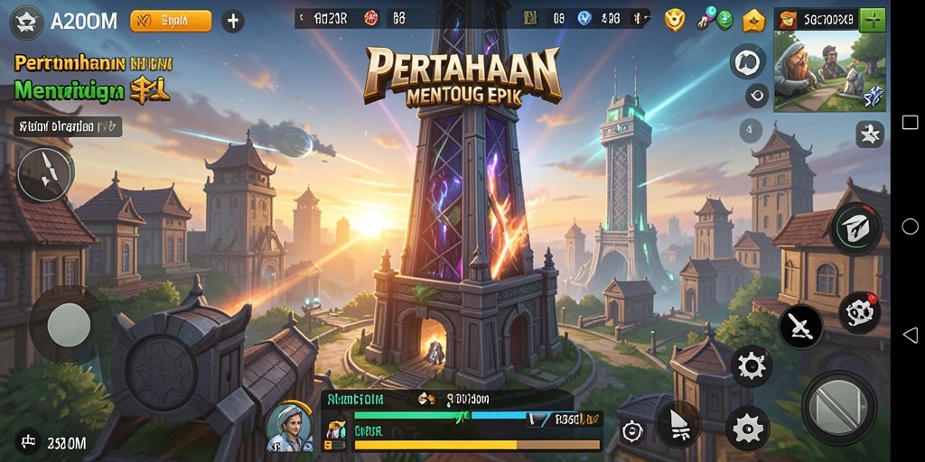 Tampilan gameplay A200M dengan strategi pertahanan menara yang intens.