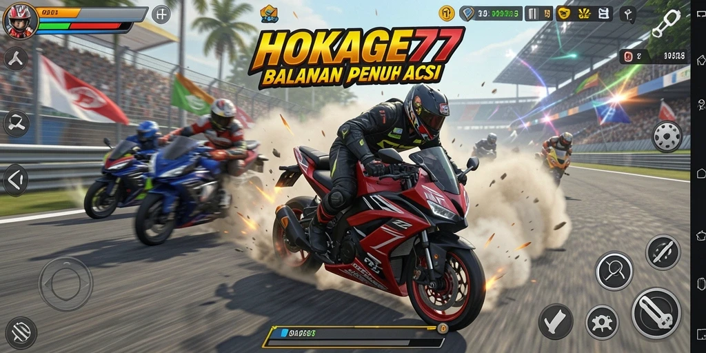Tampilan gameplay HOKAGE77 yang memukau dan penuh aksi balapan motor.