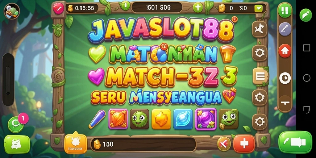 Tampilan gameplay seru di JAVASLOT88 yang menampilkan pencocokan item Match-3.